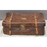 19thC vintage leather trunk with brass nameplate to lid, W92 x D52 x H32cm