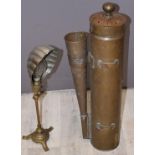 Brass foghorn together with a vintage desk or work lamp with shell shaped shade