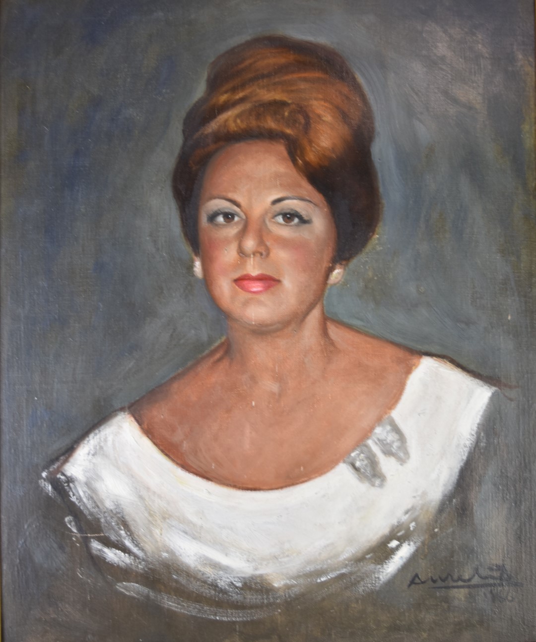 Oil on canvas portrait of a lady, indistinctly signed and dated 1966 lower right, 60 x 49cm, in part