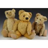 Three Chad Valley, Steiff or similar Teddy bears one with growler, tipped blonde mohair, disc