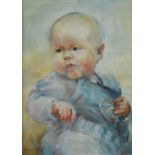 Anna Airy (1882-1964) oil on board portrait of a baby, signed lower left. 30 x 22cm, in black