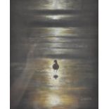 Watercolour of a wading bird on a beach or mudflats illuminated by moonlight, 31 x 24cm