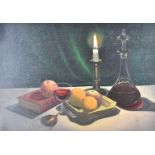 Oil on canvas still life of decanter, wine and fruit by candlelight, 35 x 50cm, in gilt frame