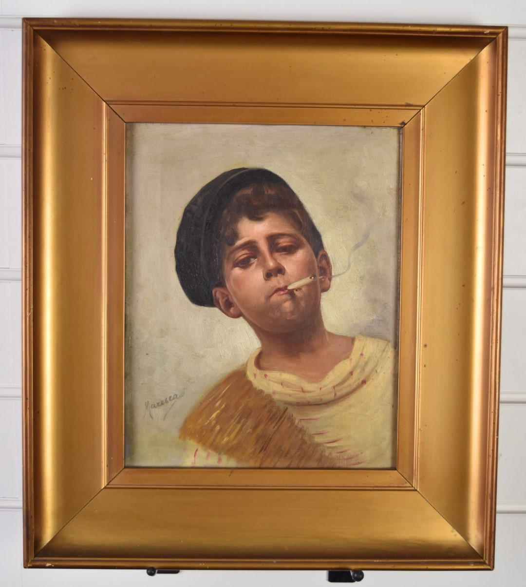 Vincenzo Maresca (19thC Italian) portrait of a boy smoking, signed lower left, 27 x 21cm, in gilt - Image 2 of 5