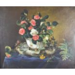 Oil on canvas vase of flowers on a table with bird perched on the rim, 62 x 75cm, in gilt frame