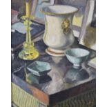 Margaret Graeme Niven (1906-1997) oil on canvas still life vase, candlestick and bowls on a table,