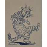 Pen and ink cartoon of a cat bearing signature Louis Wain lower left, 13 x 10cm