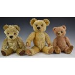 Three Chad Valley, Merrythought or similar Teddy bears one with pink mohair, shaved snout, disc