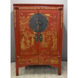 Chinese cupboard or wardrobe with lacquer decoration, W111 x D65 x H173cm