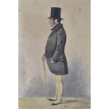 Attributed to Richard Dighton (1795-1880) watercolour full length portrait of a gentleman, 26 x
