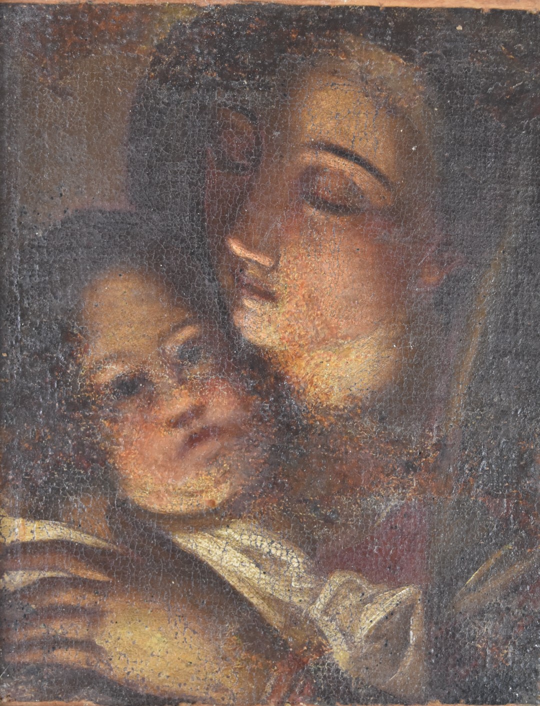 Oil on canvas laid on board study of a woman with baby, likely Madonna and child, possibly 17th/