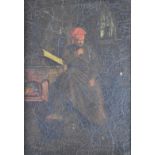 18th/19thC oil on panel man reading by a fire, 26 x 15cm, in gilt frame