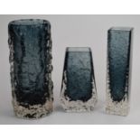 Three Geoffrey Baxter for Whitefriars glass vases comprising Nailhead, Coffin and Textured Bark, all