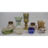 Nine glass vases, bowls, goblets and flower frogs including Kralik with iridescent and trailed