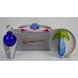 Three pieces of studio glass comprising Graham Muir Hot Glass scent bottle in original box, a