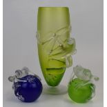 Three pieces of Iestyn Davies for Blowzone glass comprising a vase and two paperweights, all with