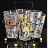 Retro set of six lemonade glasses decorated with jazz players, in original metal stand.