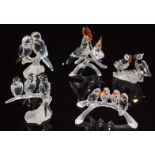 Five Swarovski Crystal clear and coloured glass bird groups including puffins, lovebirds etc,