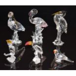 Six Swarovski Crystal clear and coloured glass birds including flamingo, toucan, stork etc,