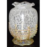 Loetz or similar iridescent glass vase with clear and white body, trailed basket weave decoration