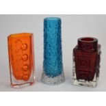 Three Geoffrey Baxter for Whitefriars glass vases comprising Finger in kingfisher blue, Traffic