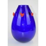 Rony Plesl blue glass vase with applied red hearts, 31.5cm tall.