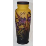 Gallé style cameo glass vase with pink, blue and purple floral and butterfly decoration over