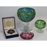 Four pieces of overlaid and flash overlaid glass comprising a pedestal bowl with original purchase