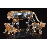 Three Swarovski Crystal coloured glass animals Tiger and two Cubs, 2010 Annual edition, largest