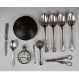 Edward & Sons Glasgow Goliath pocket watch, set of four silver plated Kings pattern table spoons,