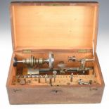 19th or early 20thC watchmaker's lathe with six jaw chuck, in original fitted box with accessories