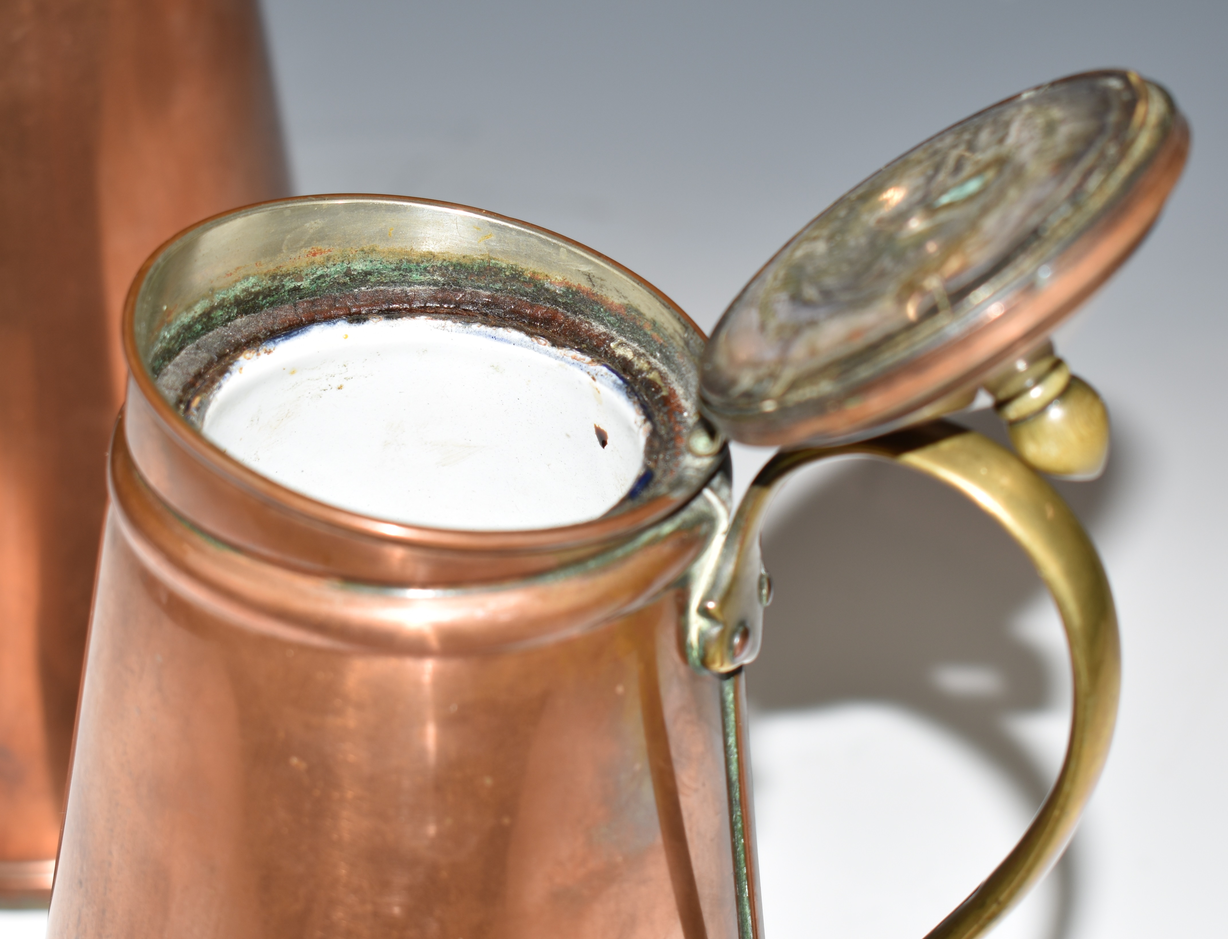 WAS Benson Arts & Crafts pair of ceramic lined copper and brass lemonade jugs, one impressed - Image 3 of 7