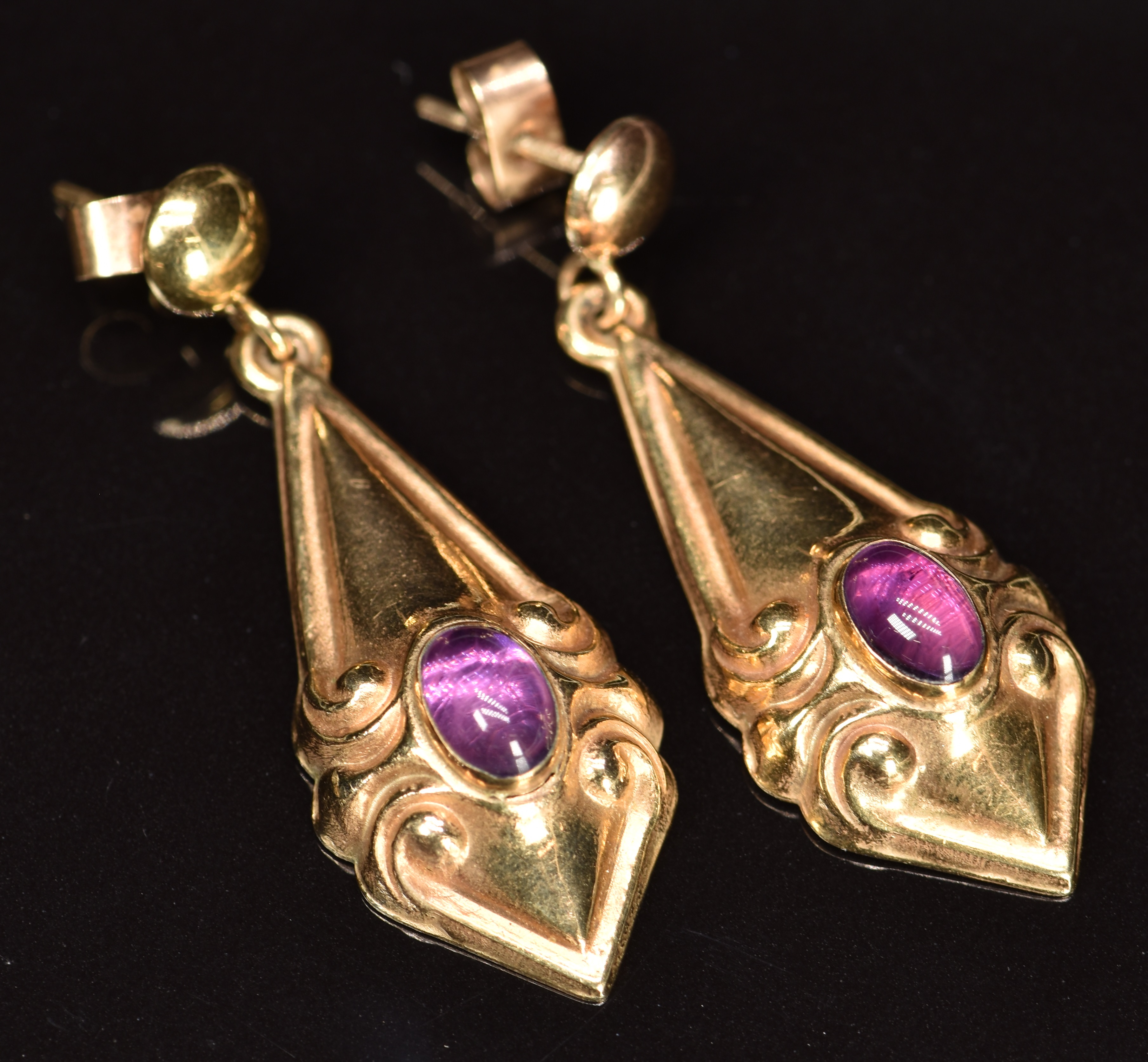 Three pairs of 9ct gold earrings, one pair set with rubies and cubic zirconia, one with amethyst and - Image 2 of 3