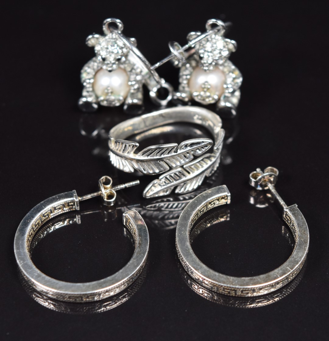 A collection of silver including pendants, bangle, rings, earrings, Vivienne Westwood teddy bear - Image 3 of 6