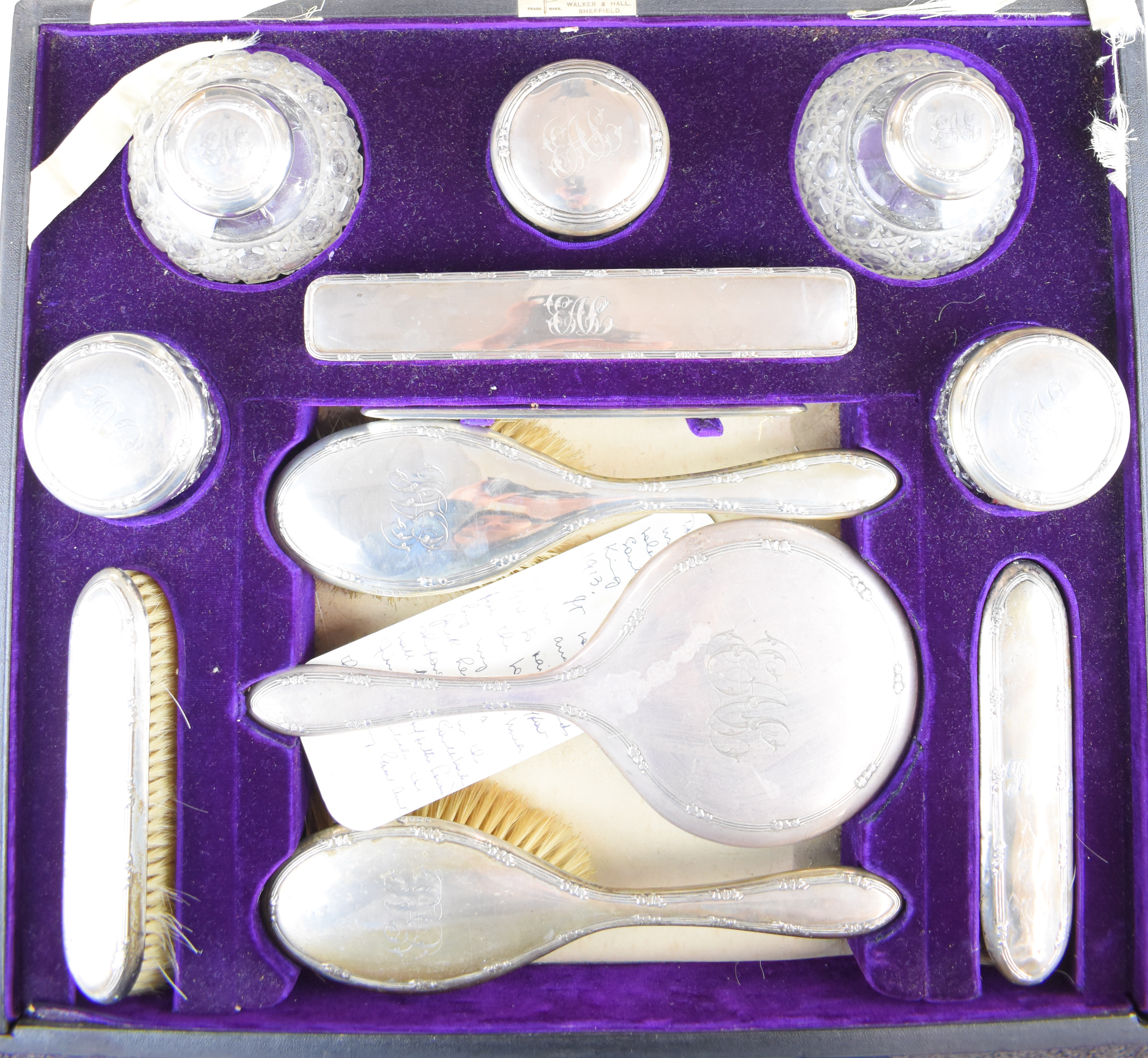 Queen Mary Royal interest Walker & Hall hallmarked silver dressing table set, in fitted case with - Image 5 of 13