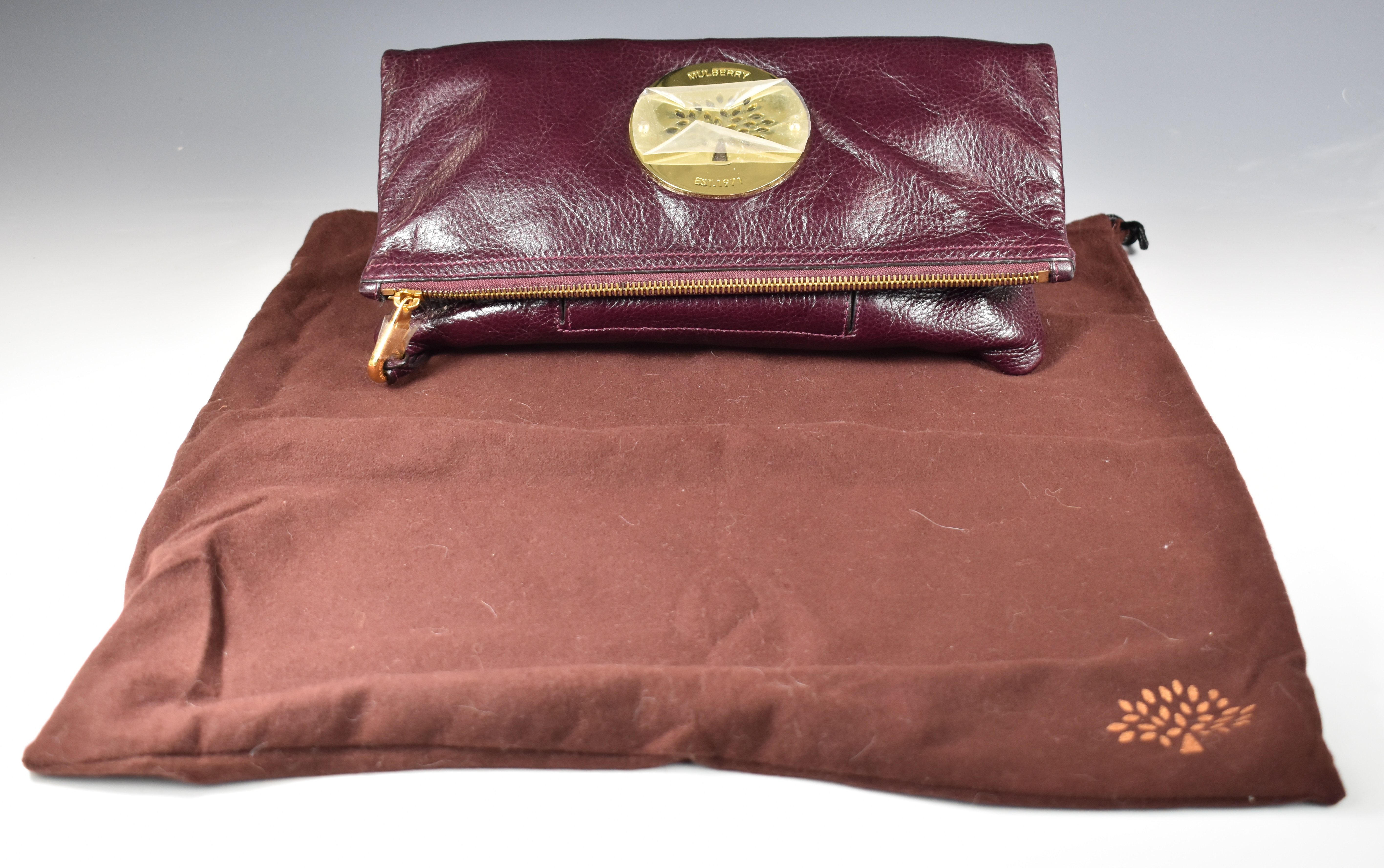 Mulberry Daria clutch bag in oxblood grained leather with gilt metal hardware, original label,