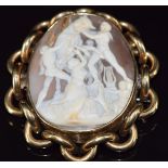 Victorian pinchbeck brooch set with a cameo depicting classical scene with a bull, 29.6g, 7.4 x 6.