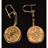 A pair of 9ct gold earrings set with 1909 and 1911 gold half sovereigns, weight of both 10.2g