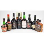 Two bottles of Port including Ferreira, two 200ml bottles of Captain Morgan rum, mixed liqueurs