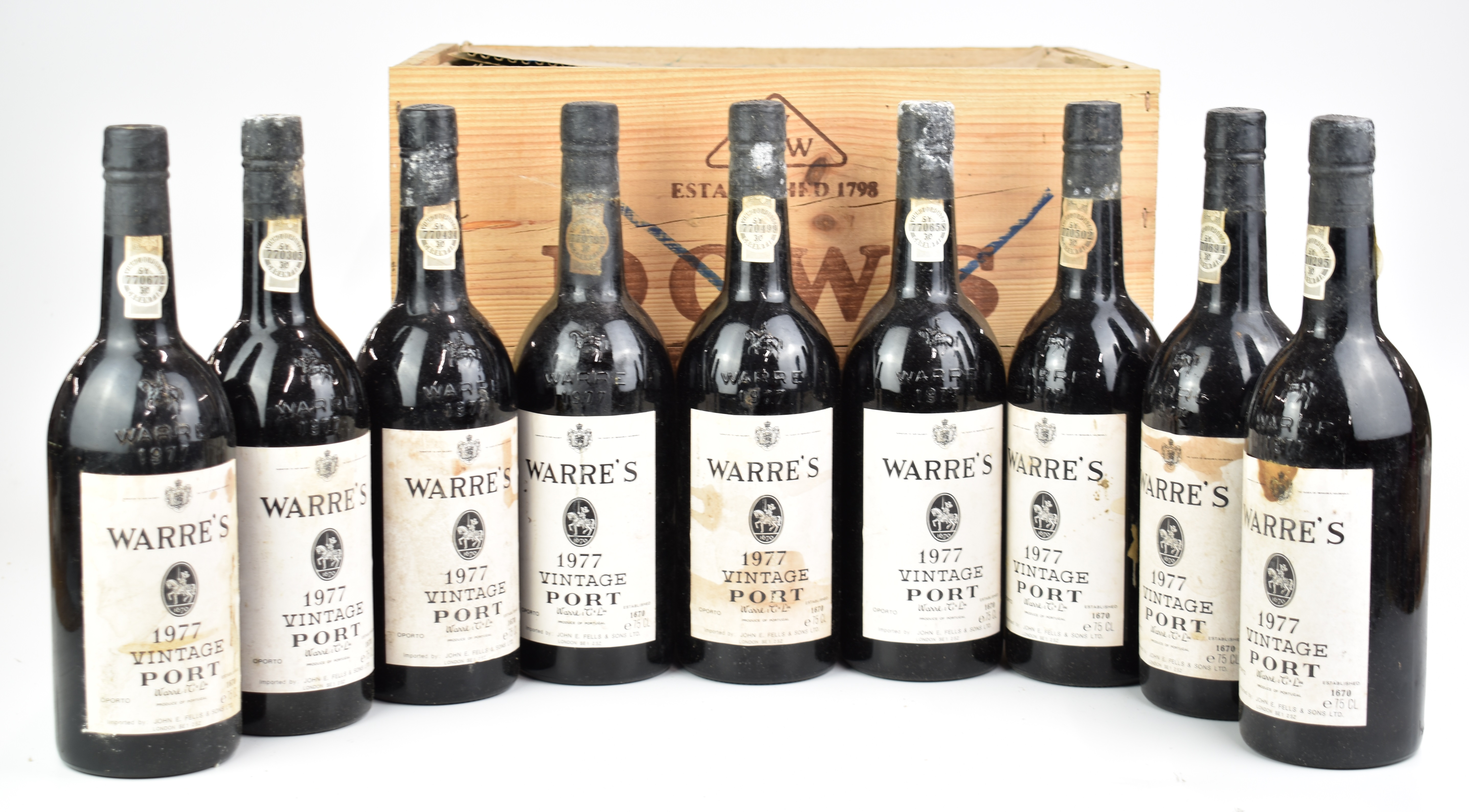 Nine bottles of Warre's 1977 vintage port, 75cl, with unrelated Dow's case