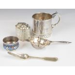 Continental and similar silver items comprising Russian enamel decorated salt, christening mug