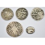 Five ancient silver coins to include Indian States Persia 350 BC and a medieval Burmese symbolic