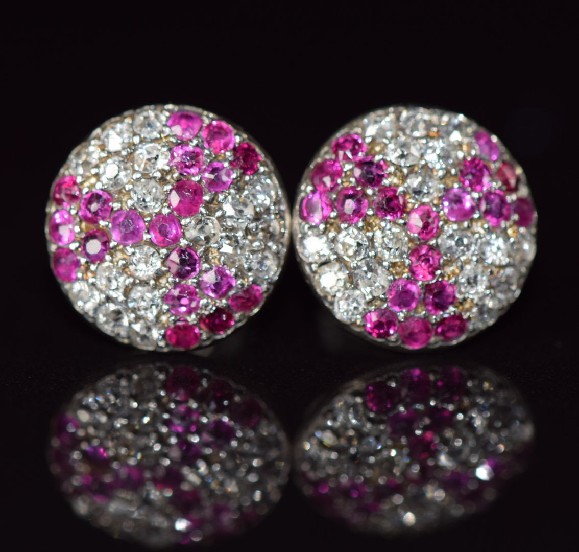 A pair of Art Deco platinum earrings each set with old cut rubies and diamonds, 3g, 1cm diameter - Image 2 of 3