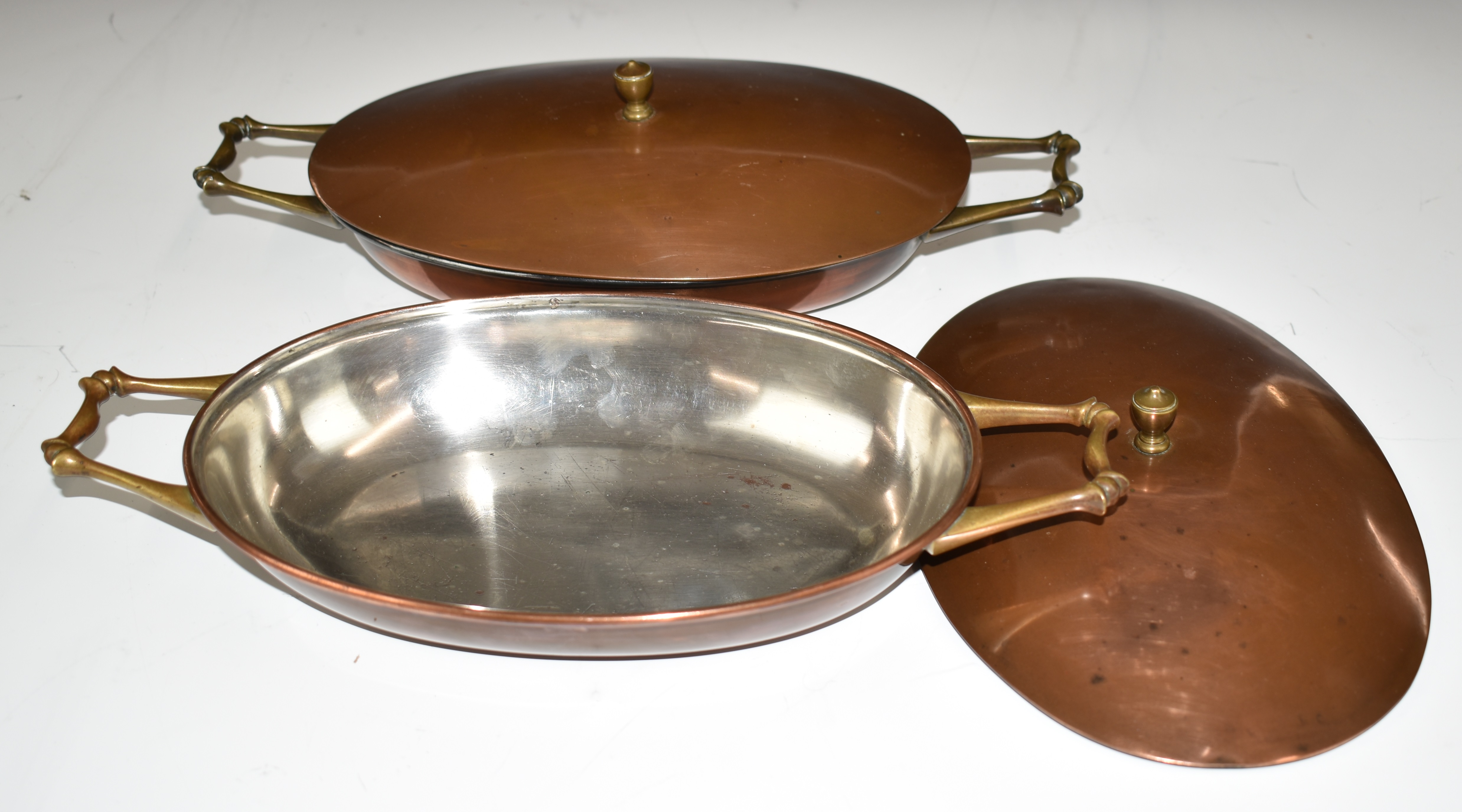 WAS Benson Arts & Crafts pair of twin handled copper and brass covered dishes, length 32cm - Image 6 of 7