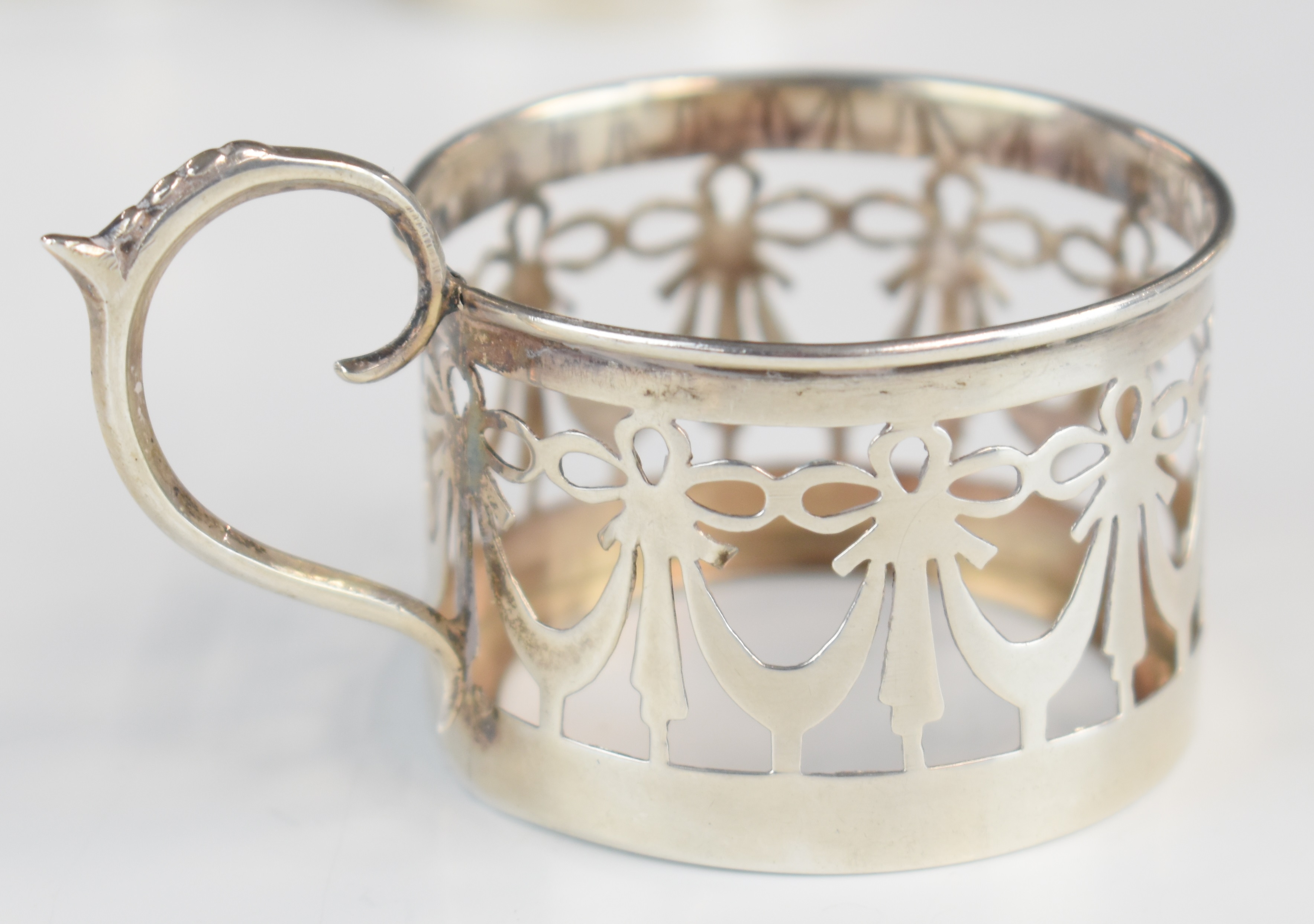 Set of three George V hallmarked silver cup or glass holders with pierced decoration, Birmingham - Image 2 of 3