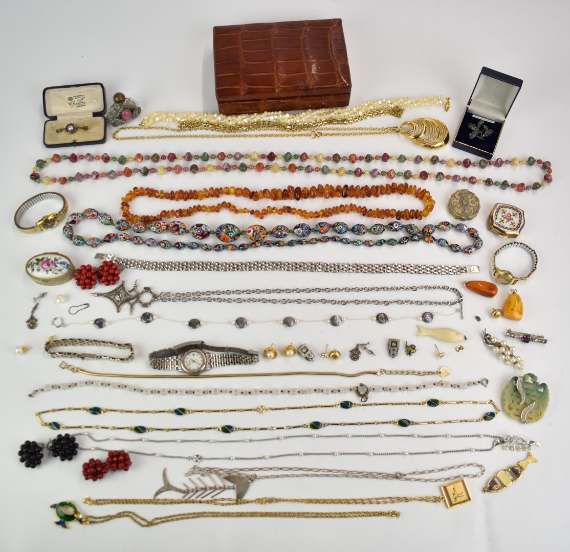 A collection of jewellery including silver fish pendant, Trifari necklace, Kenneth Lane brooch,