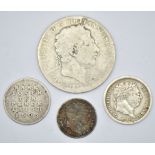 Four George III coins comprising 1819 crown, 1816 bull head shilling, 1805 Irish ten pence bank