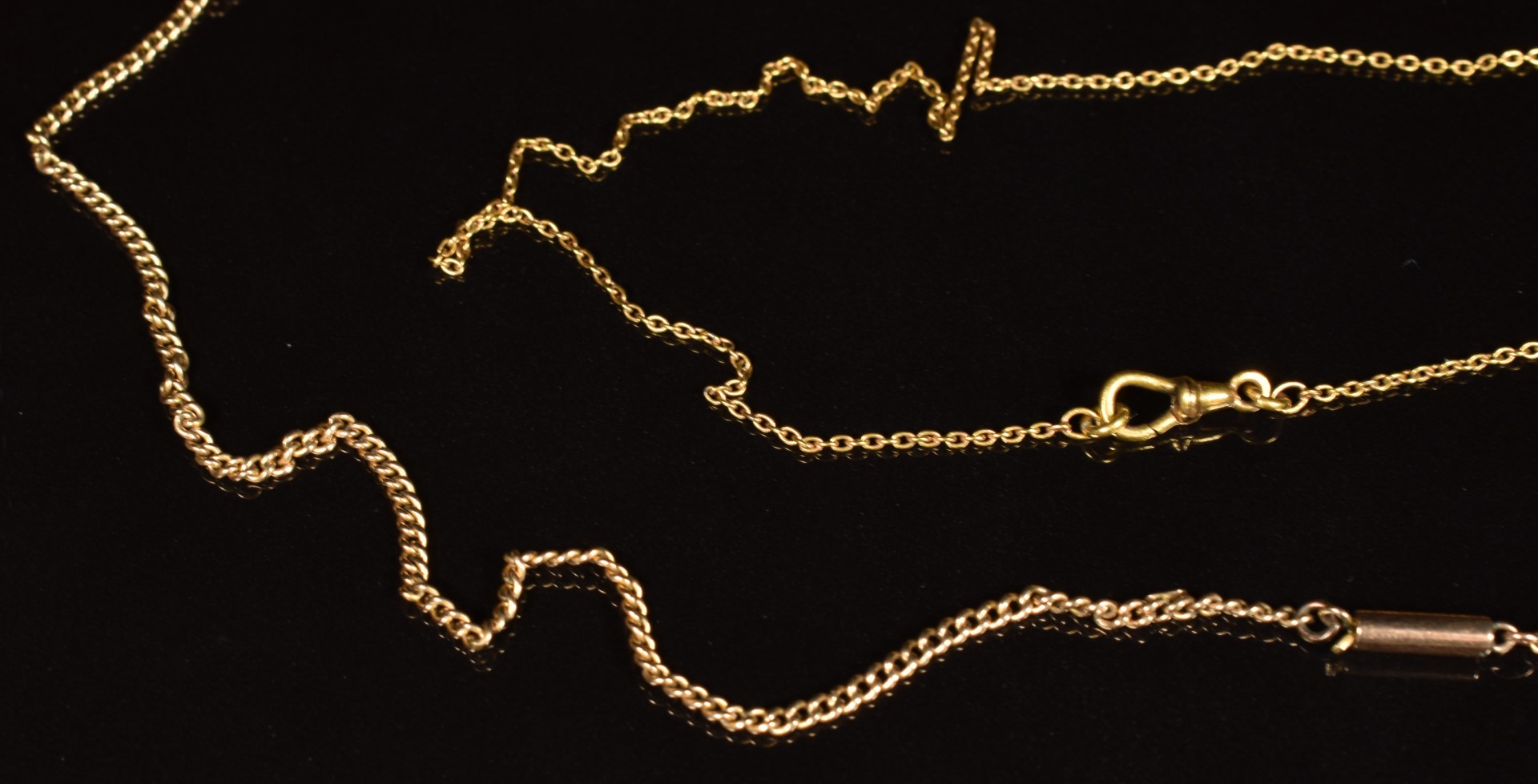 A c1900 9ct gold chain and yellow metal fob chain, length of longer 48cm, weight of both 5.5g - Image 2 of 3