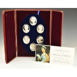 Cased set of six hallmarked silver Royal Family Cameo Collection medallions by John Pinches, maximum
