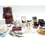 A collection of silver jewellery including silver necklace, Miracle brooch, watches, filigree